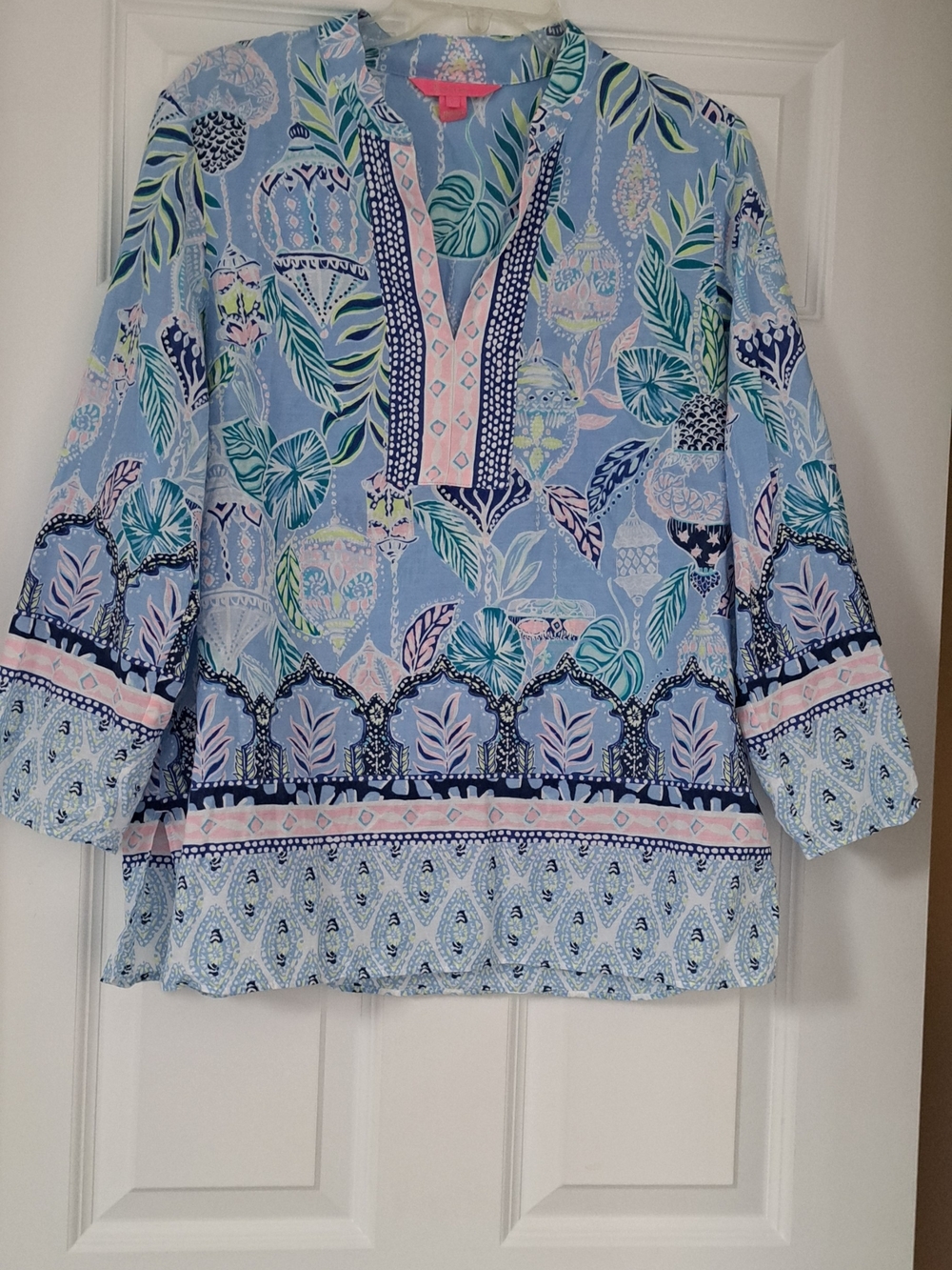 Lilly Pulitzer Light Blue Printed Tunic with Pink & Navy Accents
